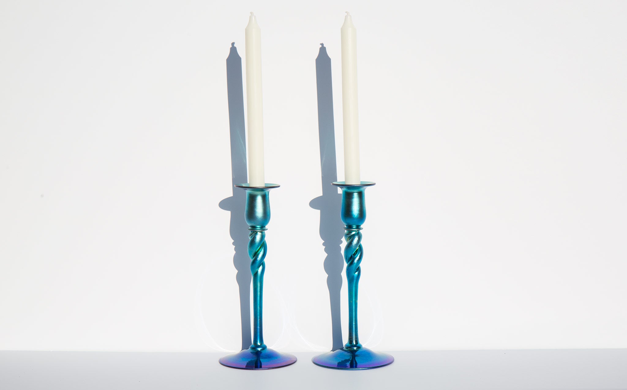 Blue Aurene Candlesticks by Steuben