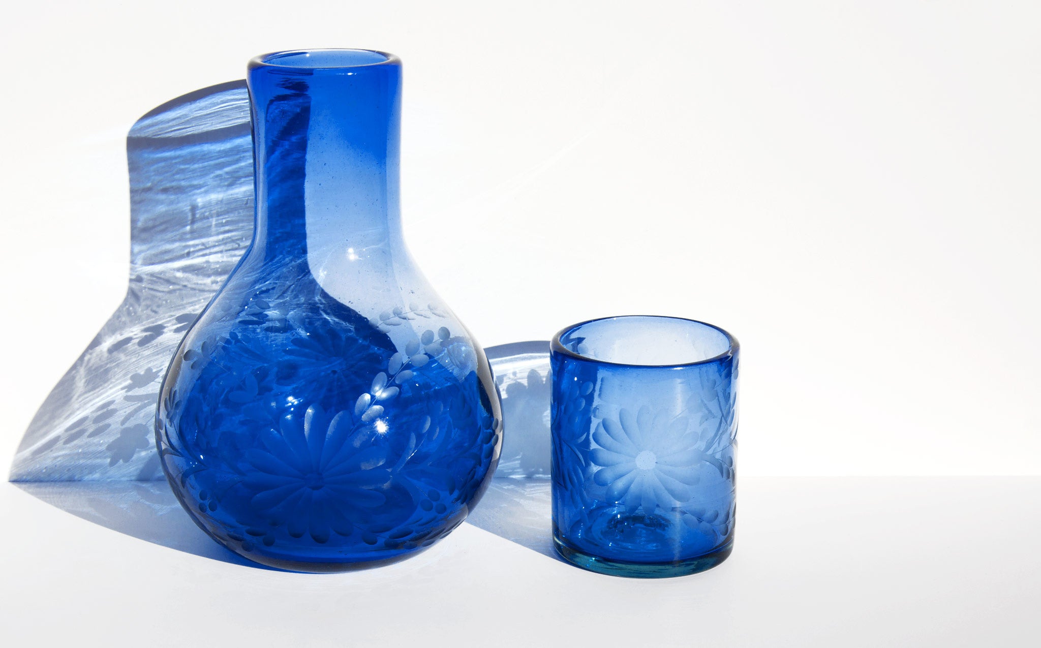 Etched Cobalt Mexican Bureau Pitcher with Glass