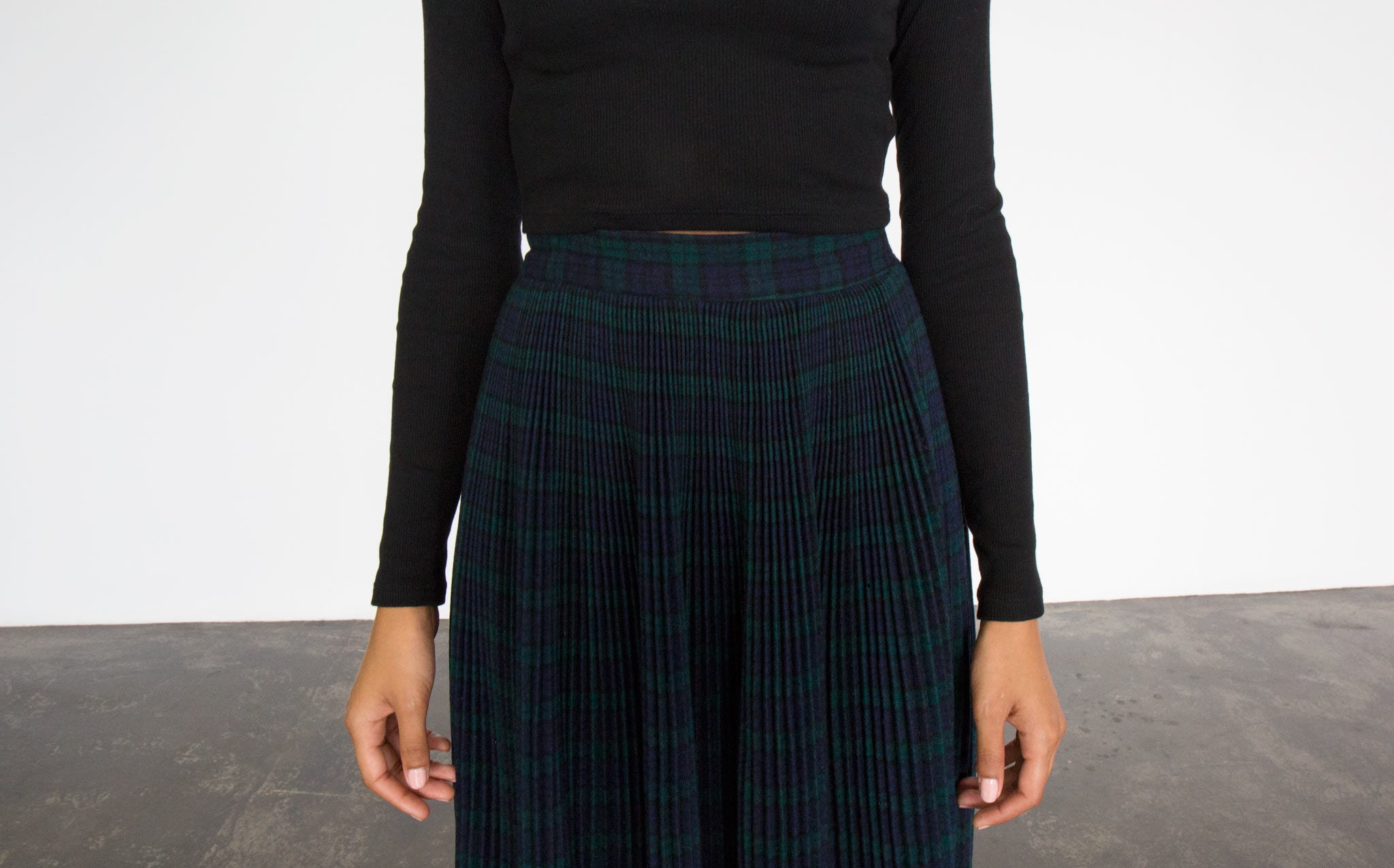 Black Watch Tartan Pleated Wool Skirt