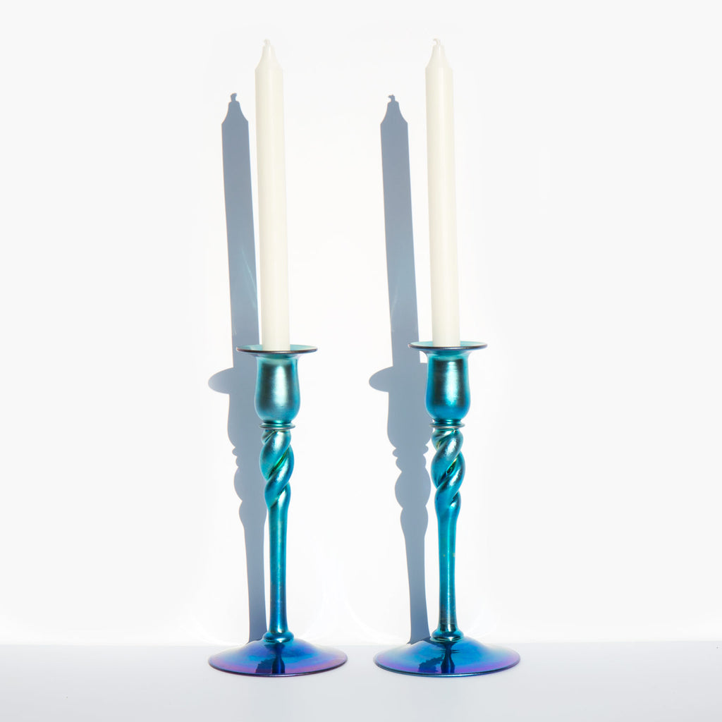 Blue Aurene Candlesticks by Steuben