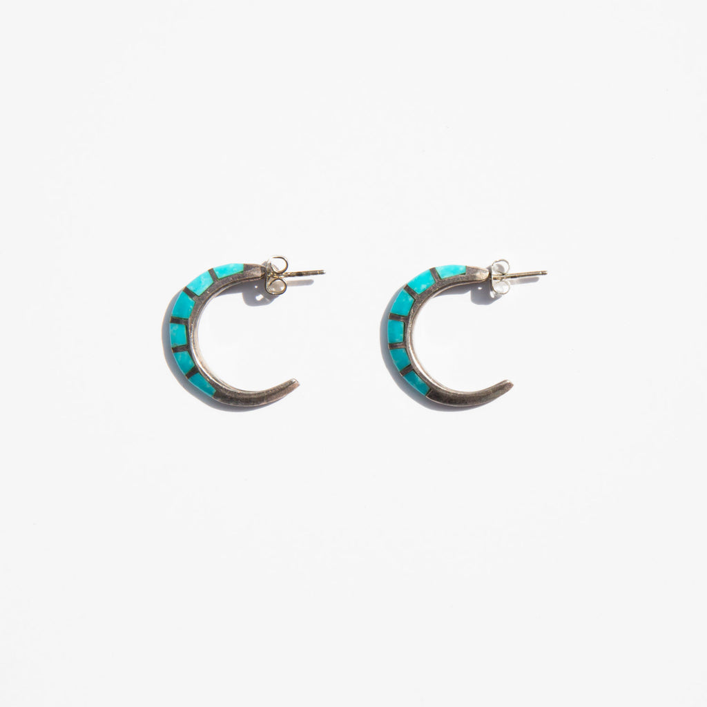Silver and Turquoise Stone Crescent Earrings